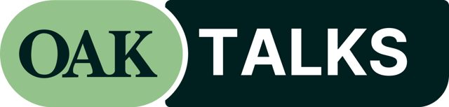 Logo "Oak Talks" con diseño bicolor verde y azul oscuro para evento de oradores