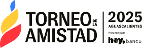 Logotipo del Torneo de Amistad 2025 Aguascalientes con emblema colorido y texto "hey," en negro