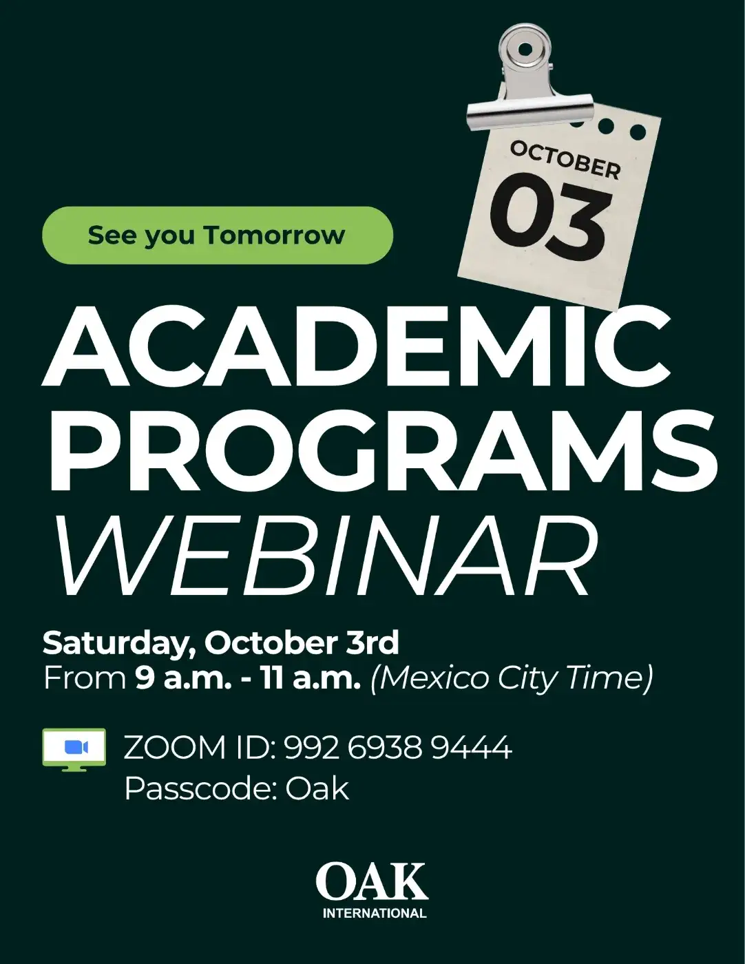 Cartel del webinario de Programas Académicos de Oak International el 3 de octubre de 9 a 11 a.m.