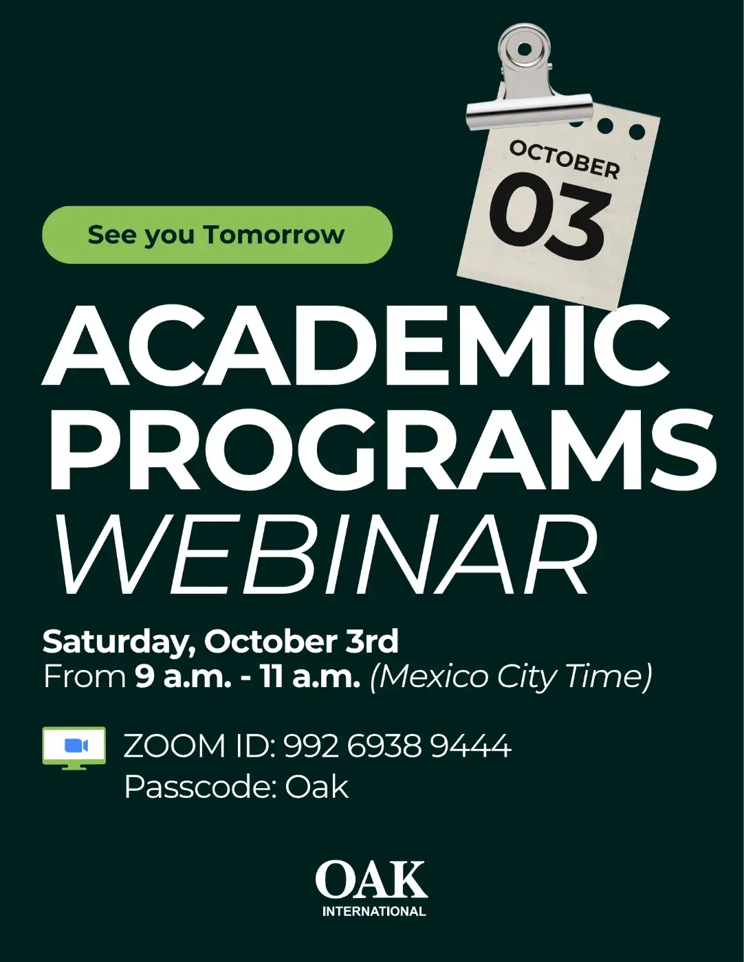 Cartel del webinario de Programas Académicos de Oak International el 3 de octubre de 9 a 11 a.m.
