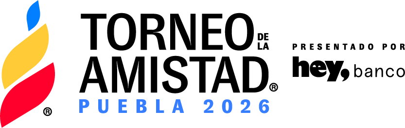 Logotipo del Torneo de Amistad 2025 Aguascalientes con emblema colorido y texto "hey," en negro